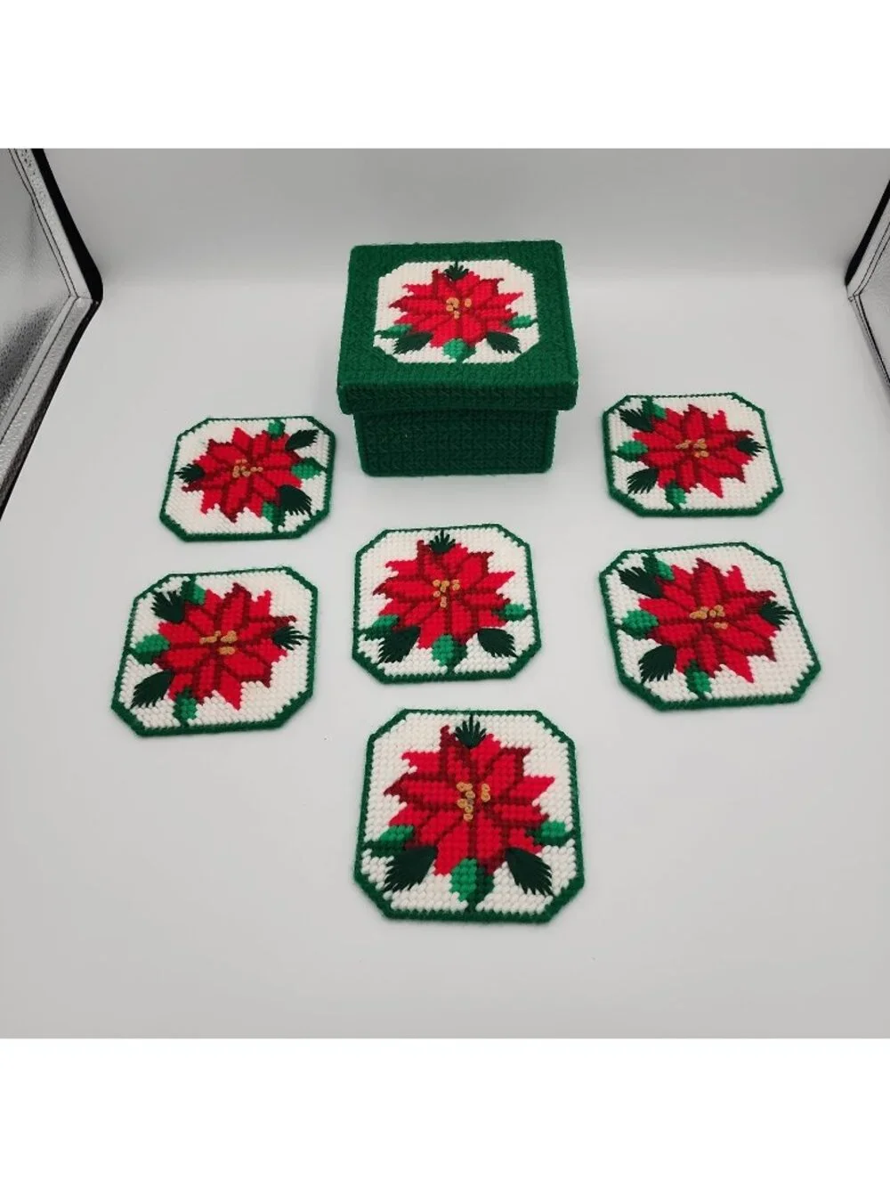 Vintage Cross Stitch Coaster Set Christmas Poinsettia  Set 6 Handmade W/storage